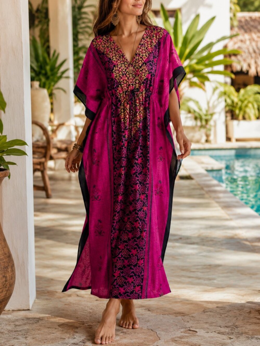 Magenta Gold Batik Cotton Caftan Maxi Dress Free Size Boho Resort Festival NWT
